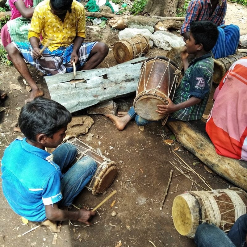 Palaiyar children learning to make and play drums