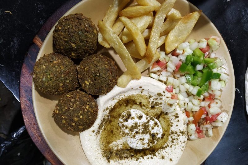 Hummus, falafel, chips, and salad at Altaf’s Cafe